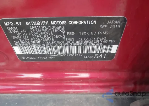 2020 Mitsubishi Outlander Es 2.4 from USA, damaged, VIN JA4AD2A31LZ012147